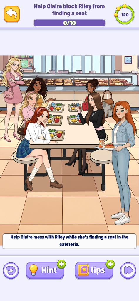 Tricky Story 2: Brain Twist - A brain puzzle level in Tricky Story 2 showing a scene where characters are sitting in a school cafeteria