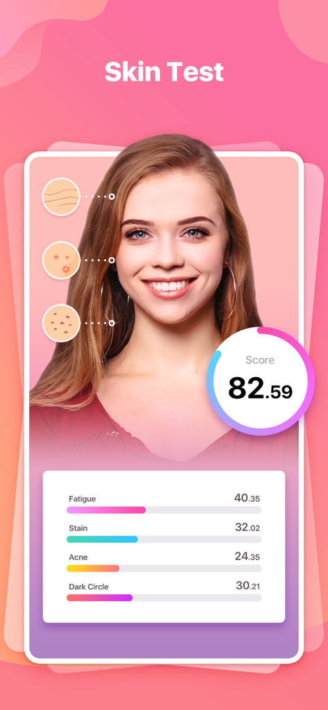 A mobile interface showing an AI-powered skin test analysis with scores for fatigue, stains, acne, and dark circles on a woman's face.