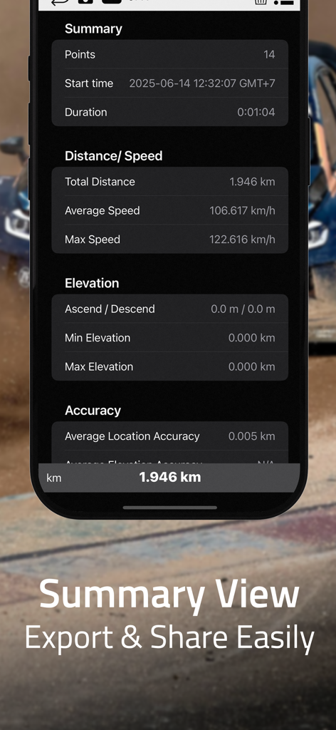GeoLogger app summary screen showing speed distance and elevation data for a recorded trip