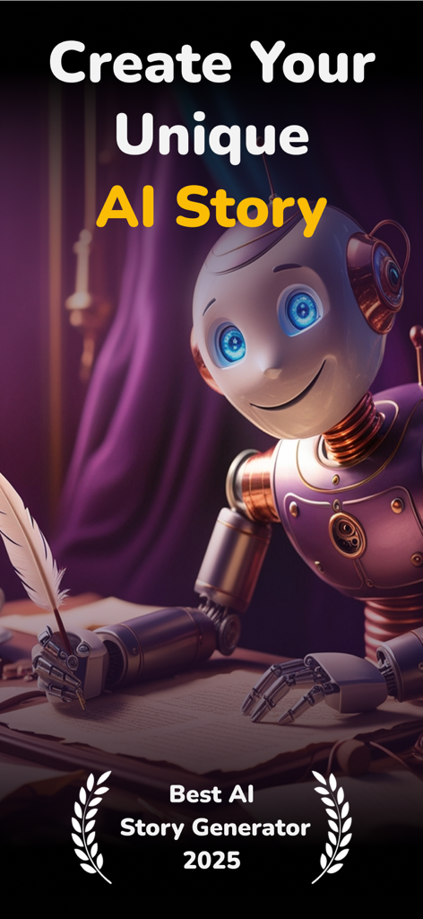 A friendly AI robot writing a unique story with a quill pen representing the StoryNow AI app