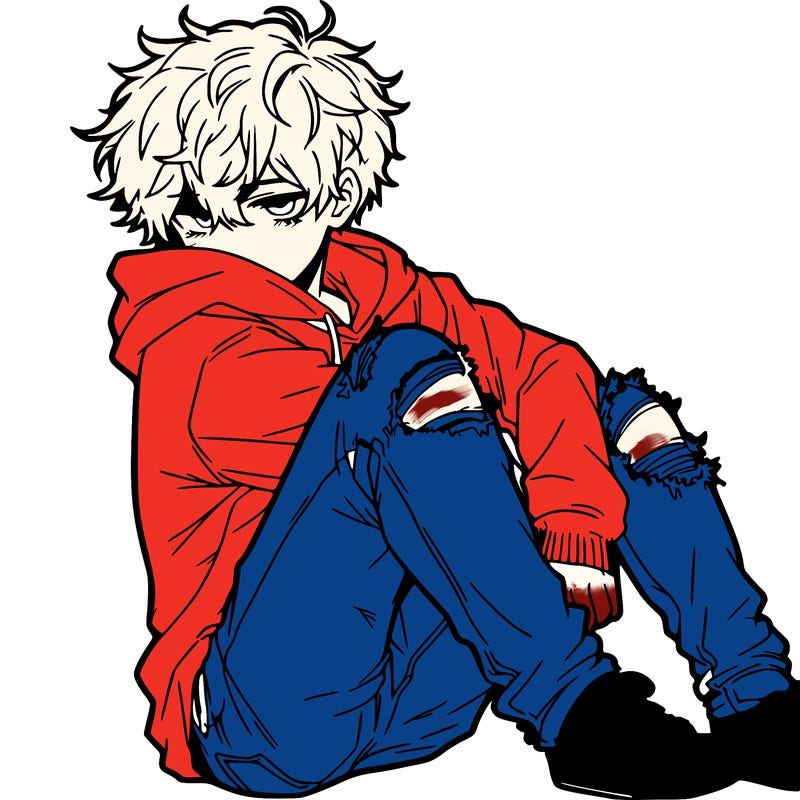 a male hoddie ripped jeans messy hair anime