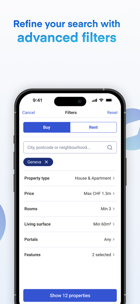 RealAdvisor - Advanced search filters for Swiss properties in the RealAdvisor app showing options for price and location