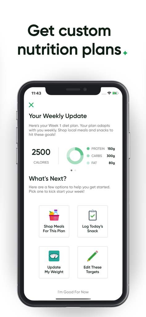 FitGenie app interface showing weekly custom nutrition plans and macro tracking goals
