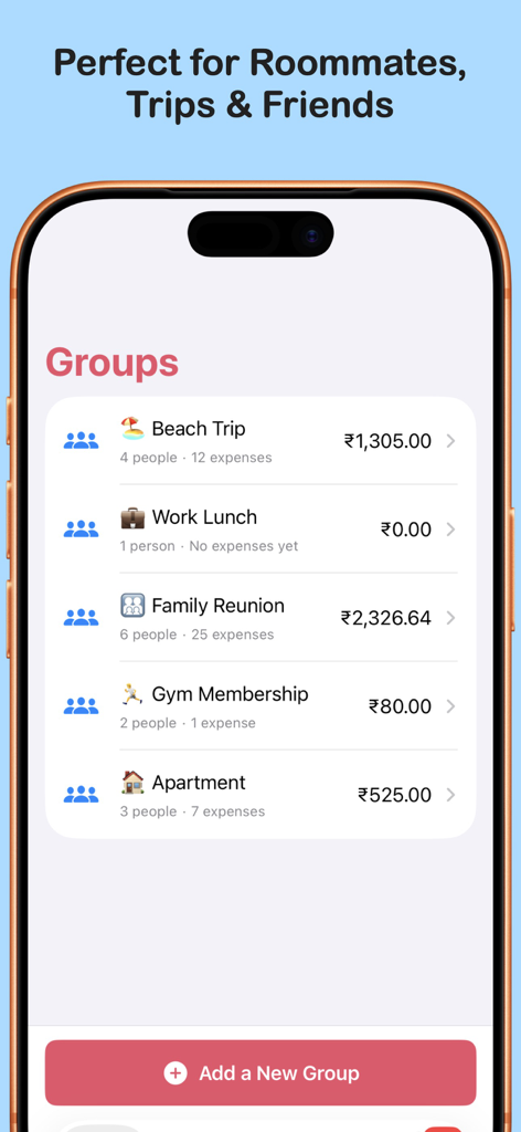Settle Up - Expense Split - Interfaz de la aplicación Settle Up que muestra múltiples grupos de gastos para facturas de compañeros de piso y viajes grupales.