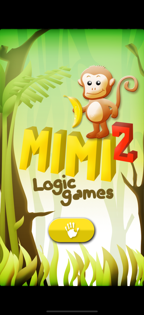 Mimi 2: Logic games - Pantalla de título de la aplicación Mimi 2 Juegos de Lógica con un mono de dibujos animados en una jungla.