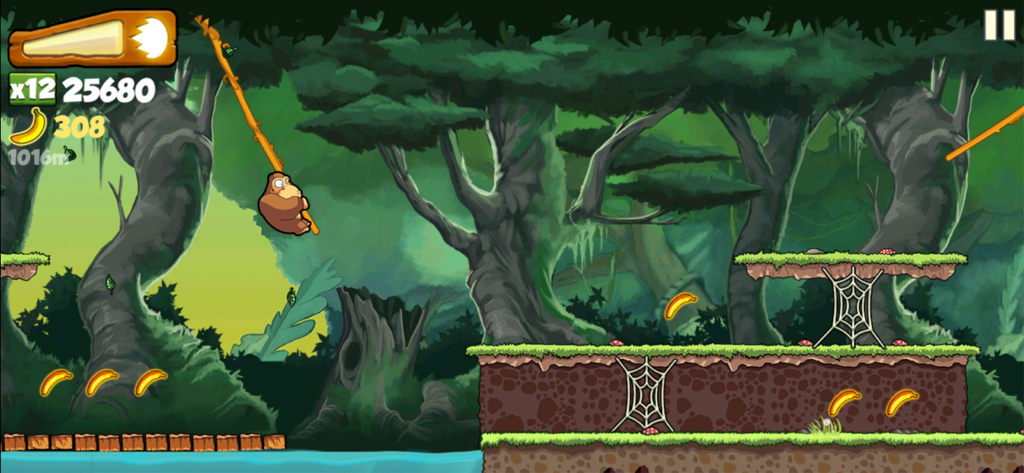 Banana Kong - Banana Kong gorilla swinging on a vine through a jungle level collecting bananas