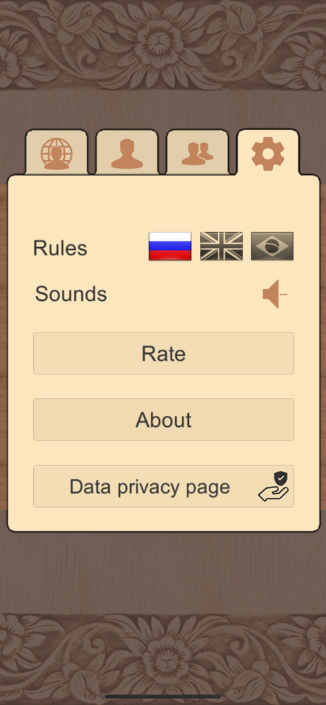 Settings menu for Checkers Online game showing rule selection for Russian English and Brazilian checkers