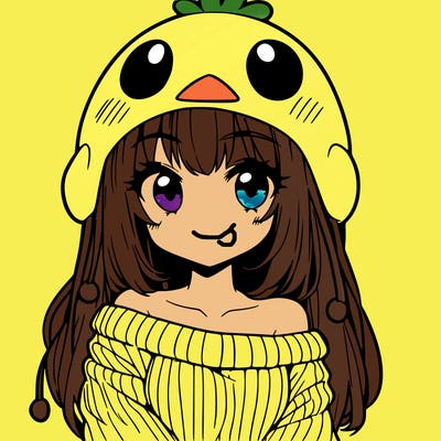 anime girl with chick shaped hat with sweater with bare shoulders with bangs covering them one eye with low tail
