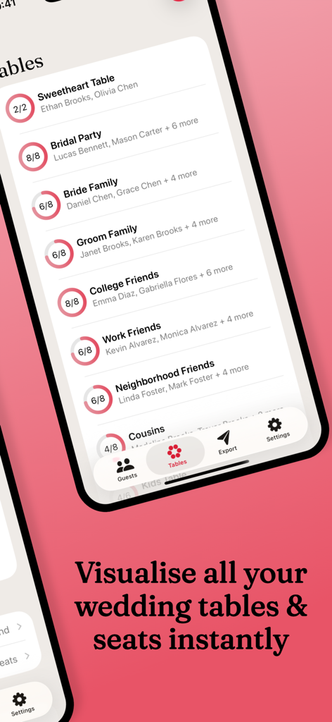 Mobile app interface showing a list of wedding tables like Bridal Party and College Friends with guest counts
