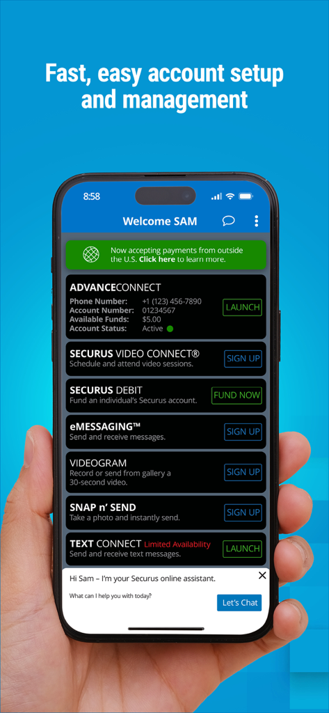 Securus Mobile app interface showing dashboard for inmate communication and account funding features