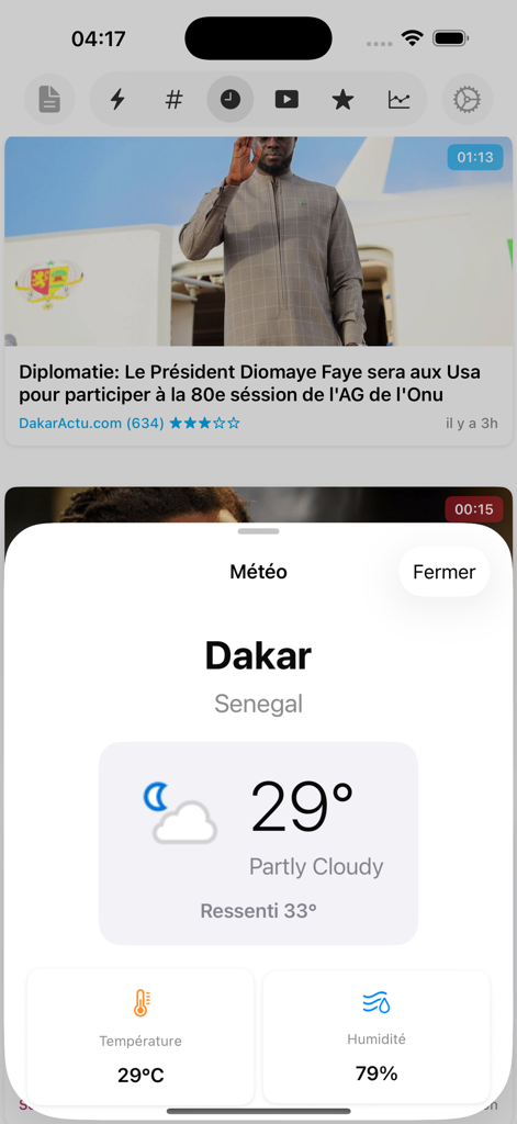 Interfaccia dell'app mobile Actu Senegal che mostra un widget meteo per Dakar con dettagli sulla temperatura e l'umidità