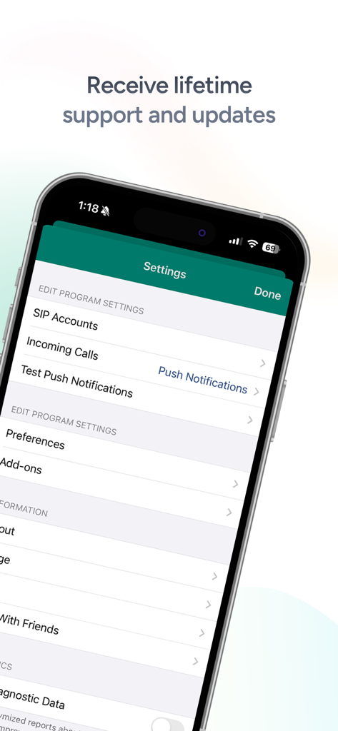 Acrobits Softphone settings screen showing SIP accounts and push notification options on an iPhone