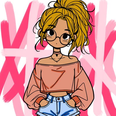 girl with a messy ponytail glasses a baggy crop top and jean shorts
