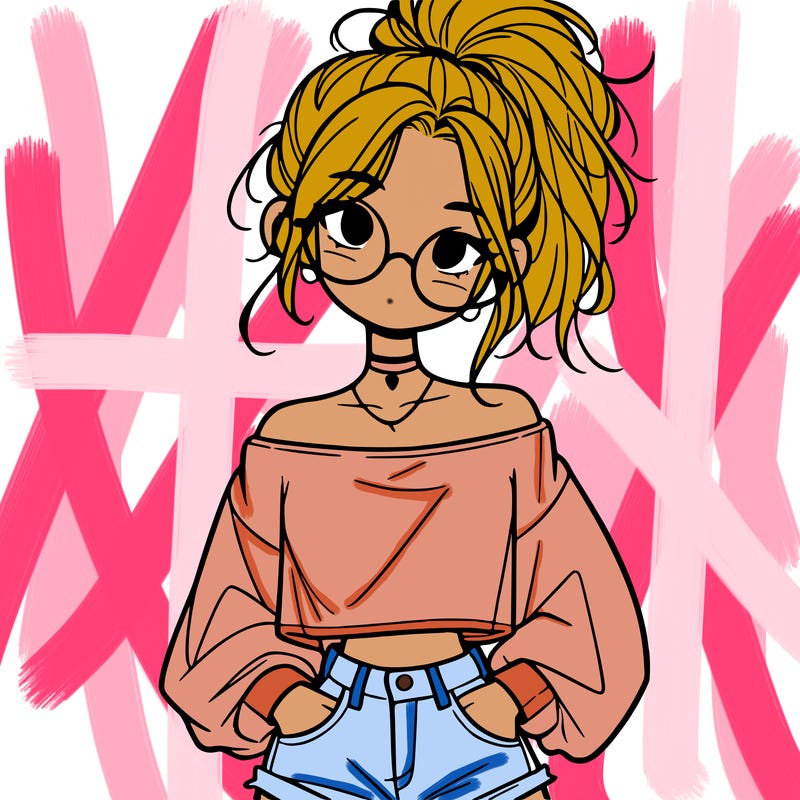 girl with a messy ponytail glasses a baggy crop top and jean shorts