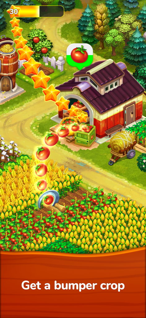 Farmington – Farm game - Cosechando una cosecha abundante de tomates en el juego móvil Farmington.