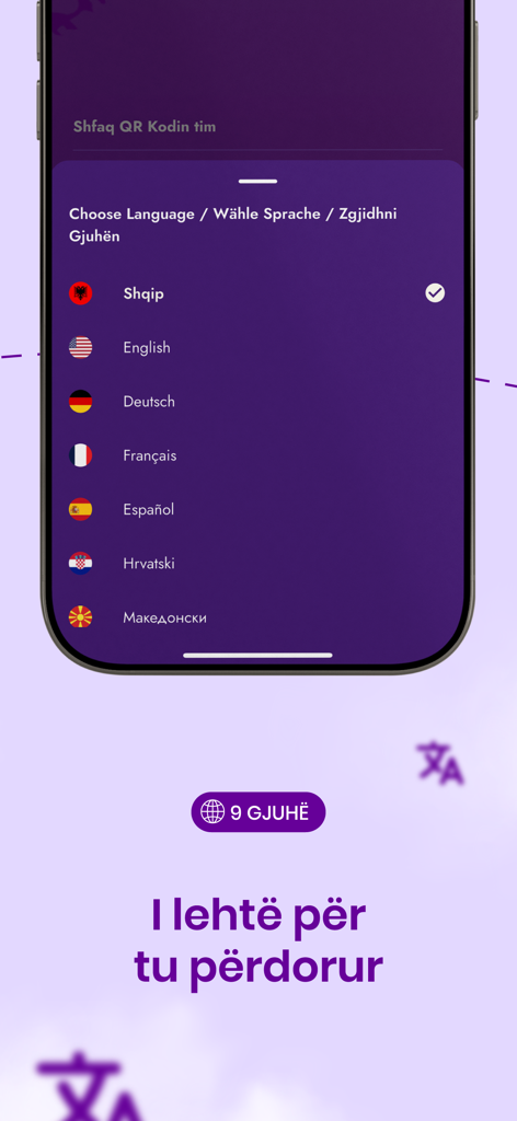 Kudo eSIM - Kudo eSIM app interface showing a list of available languages including Albanian and English.