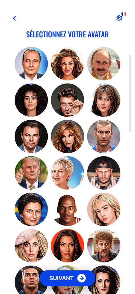 Interface of the ThisisBlindTest app showing a selection grid of celebrity avatars including musicians and athletes