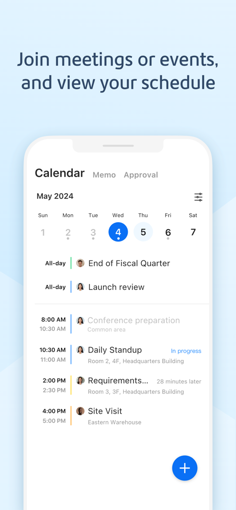 大象-企业移动办公平台 - Elephant app calendar interface showing a daily schedule of meetings and work events.