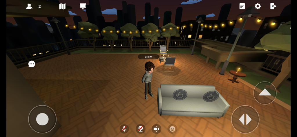 MetaForest - Ein Klienten-Avatar in einem virtuellen Dachterrassen-Therapie-Raum bei Nacht