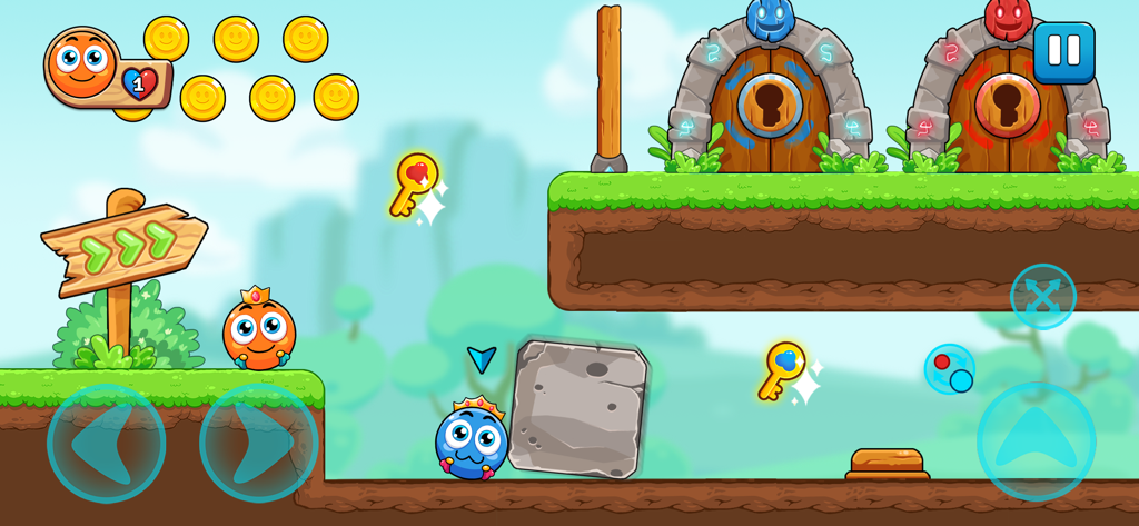 Red and Blue: Ball Heroes - Red and blue ball characters navigating a puzzle platformer level with keys and coins