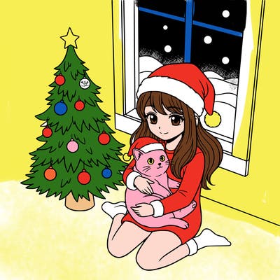 a girl wearing a santa claus hat is holding a cat in her arms, who is also wearing a santa claus hat. they are sitting near a christmas tree. there is a window next to the tree.