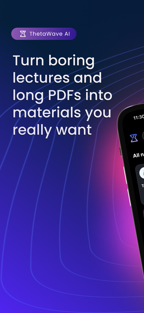 Pantalla de la aplicación ThetaWave AI mostrando texto sobre la conversión de conferencias y PDFs en materiales de estudio