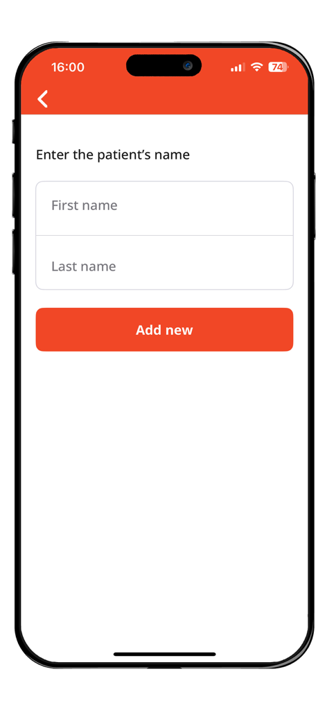 FUSION Plus - Interface of the FUSION Plus app showing fields to enter a new patient's first and last name.
