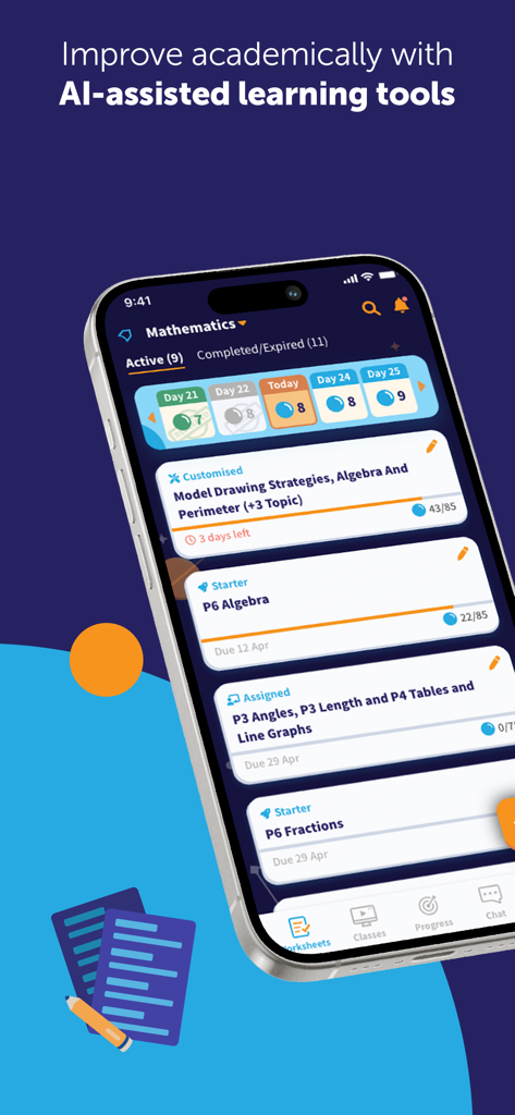 Geniebook: Online Learning App - Geniebook app interface showing AI assisted mathematics worksheets and study schedule