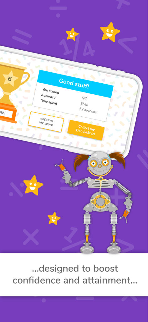 DoodleMath: Elementary Math - DoodleMath app progress screen showing score results and a customizable robot character