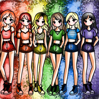 a group of girls wearing crop tops and shorts