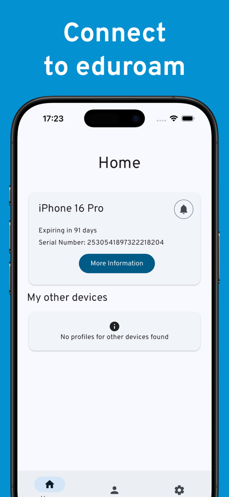 easyroam - Home screen of easyroam app showing eduroam connection status on iPhone