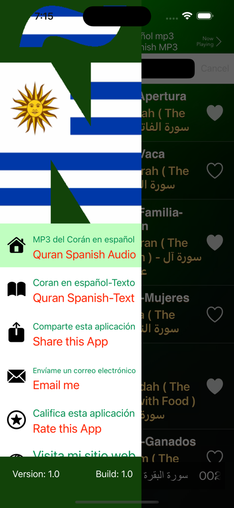 El menú de navegación lateral de la aplicación Corán en Español que enumera las opciones de audio y texto.