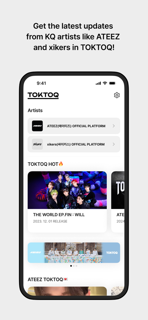 TOKTOQ - Écran d'accueil de l'application mobile TOKTOQ montrant les plateformes officielles des groupes Kpop ATEEZ et xikers avec des nouvelles et des mises à jour musicales