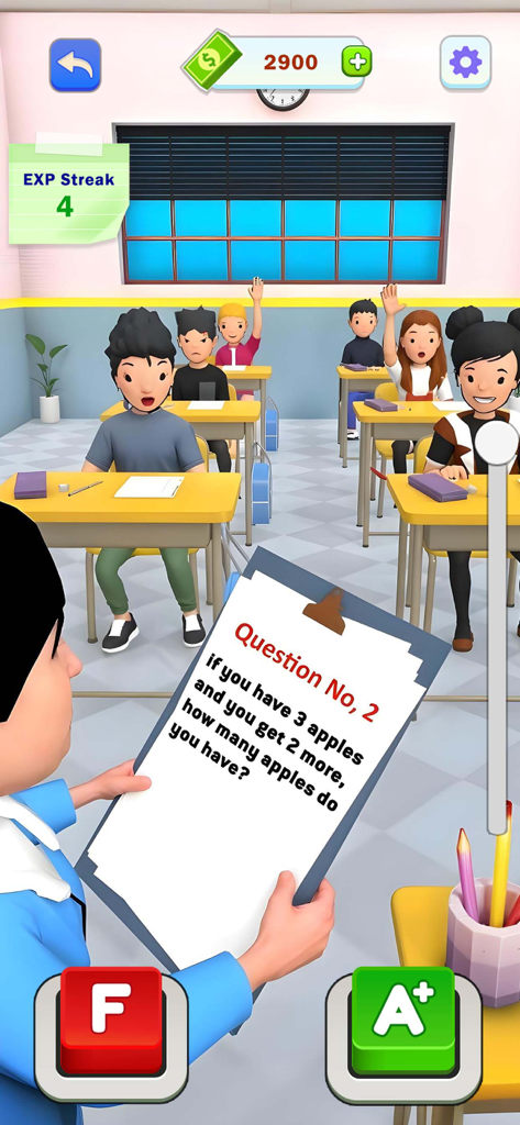 Teacher or Student - Un personaje profesor sosteniendo una pregunta de matemáticas en un portapapeles con botones de calificación roja F y verde A+ en un entorno de aula.