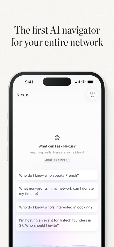 Clay: Contacts + CRM - Clay app Nexus AI navigator interface showing natural language search examples for professional networking