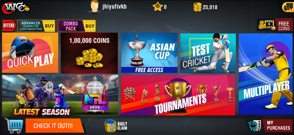Main menu of World Cricket Championship 2 showing various cricket game modes like Quick Play and Multiplayer