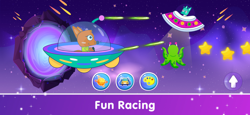 Kids Car Games for Toddlers - 幼児向けのカラフルな宇宙レースのレベルでUFOを操縦するキツネのキャラクター。