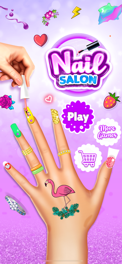 Menú principal del juego Salón de Uñas con una mano decorada con arte de uñas colorido y un tatuaje de flamenco