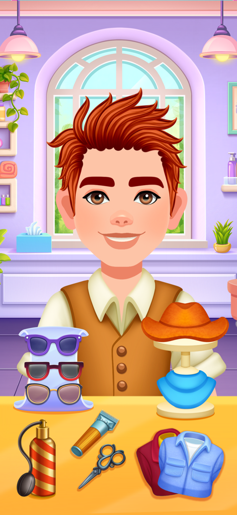 A boy character with orange hair in a hair salon game for kids with various styling tools