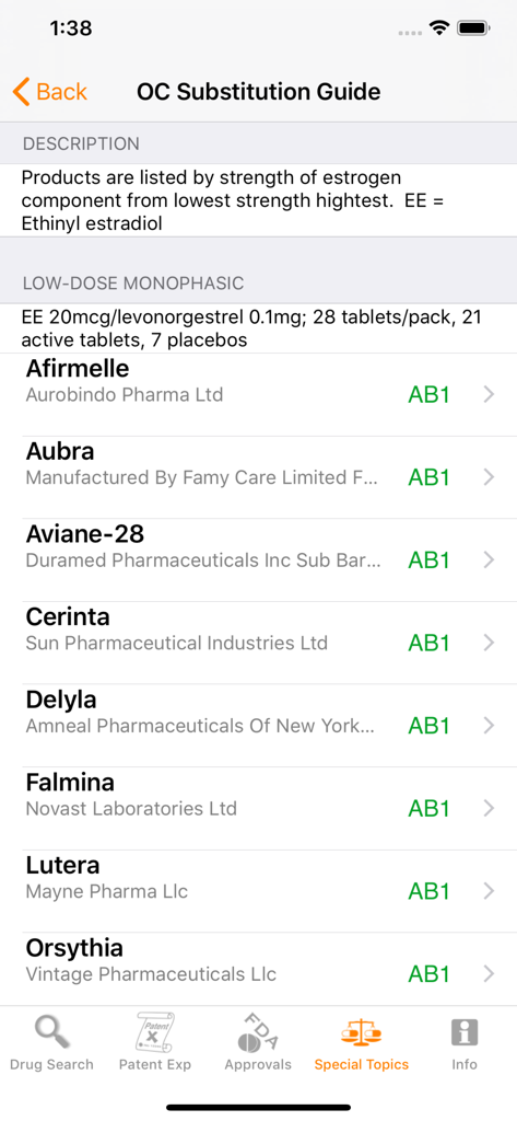 RxOrange - Screenshot of the RxOrange app showing a list of oral contraceptive brands with green therapeutic equivalence codes