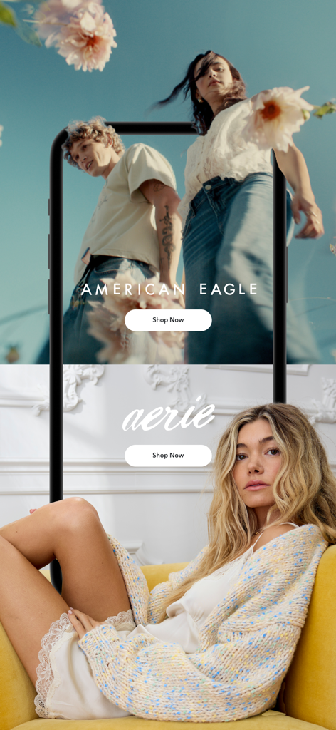 Schermata divisa dell'app mobile AE e Aerie con pulsanti Acquista ora e fotografia di moda di lifestyle.