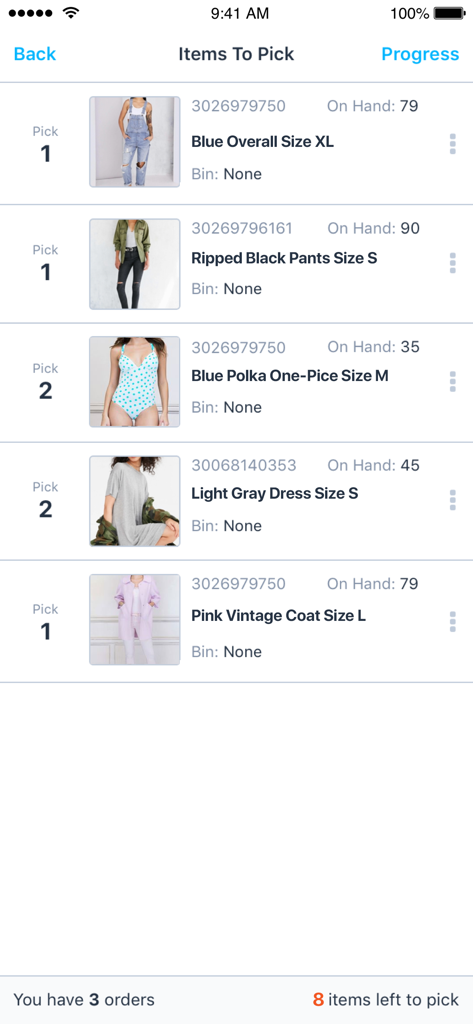 Lista de picking de inventario en la aplicación ShipHero Mobile que muestra artículos de ropa y detalles del pedido.