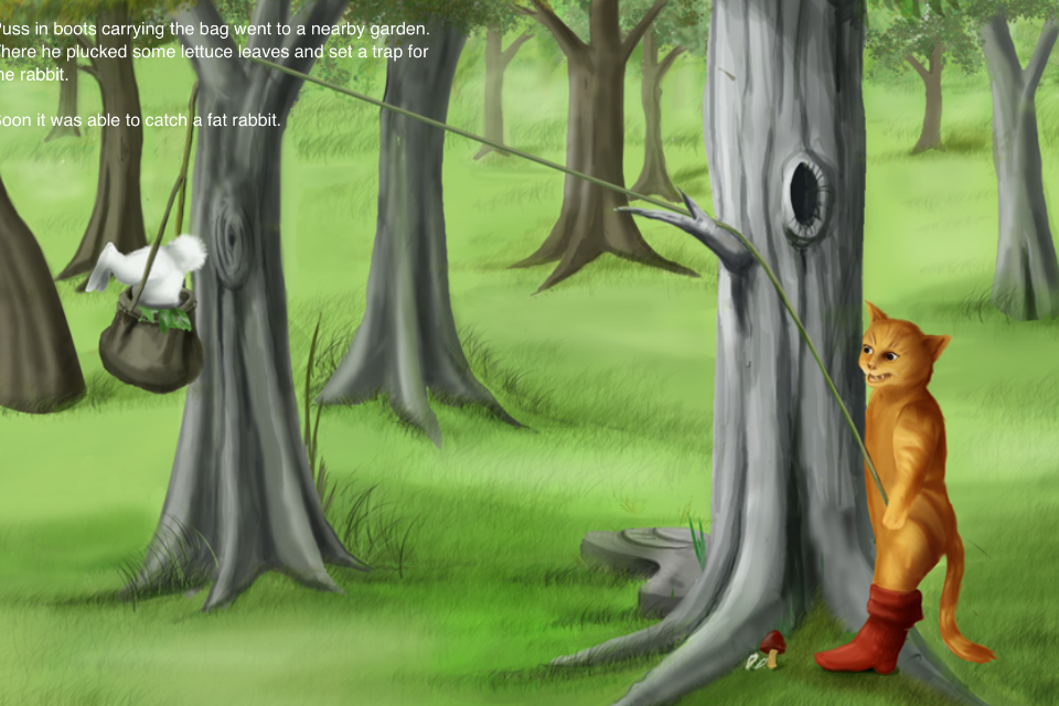 Puss in Boots (HD) - Una escena del audiolibro El Gato con Botas mostrando al gato atrapando un conejo en una trampa en el bosque.