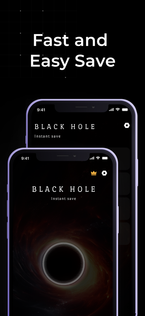 BlackHole ® - BlackHole App-Oberfläche auf iPhones, die schnelles und einfaches Speichern von Social-Media-Videos im Dark-Mode zeigt