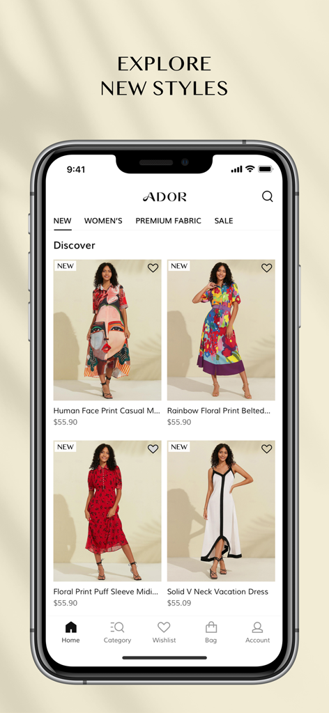 A smartphone showing the ADOR mobile app interface with a curated selection of new fashion dresses for women.