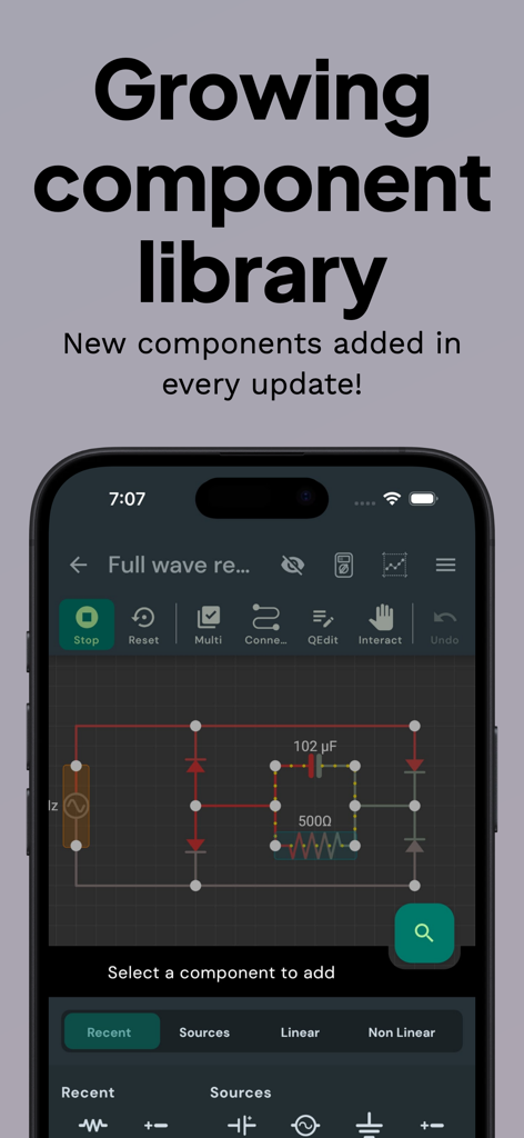 VoltSim - circuit simulator - Interface do simulador de circuito VoltSim mostrando uma biblioteca de componentes eletrônicos e um diagrama de retificador de onda completa