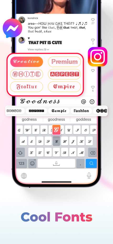 A smartphone screen displaying the Facemoji keyboard with various stylish and creative font options for social media messages.