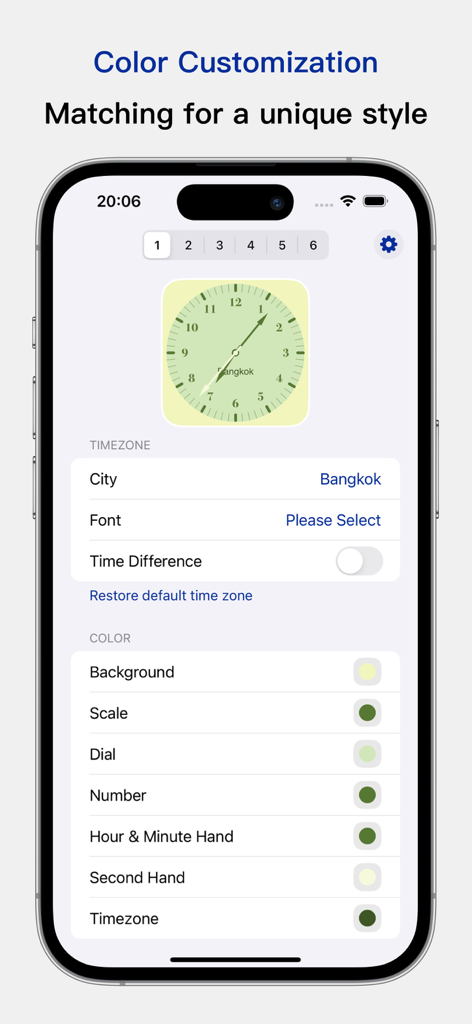 Une interface mobile de l'application MyClock montrant les options de personnalisation des couleurs pour divers éléments d'horloge tels que le cadran, les aiguilles et l'arrière-plan.