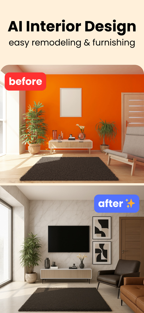 Arch AI Home Design & Interior - Comparación de antes y después de la remodelación de un salón utilizando las herramientas de diseño de interiores de Arch AI