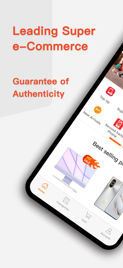A promotional screenshot of the Smile Shop super app showing various shopping categories and a guarantee of authenticity for electronic products.
